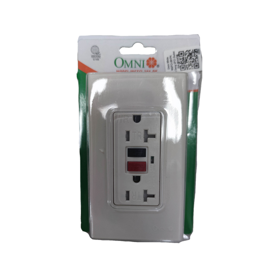 Omni GFCI outlet 20A 220V packaged for safety and reliability in electrical installations