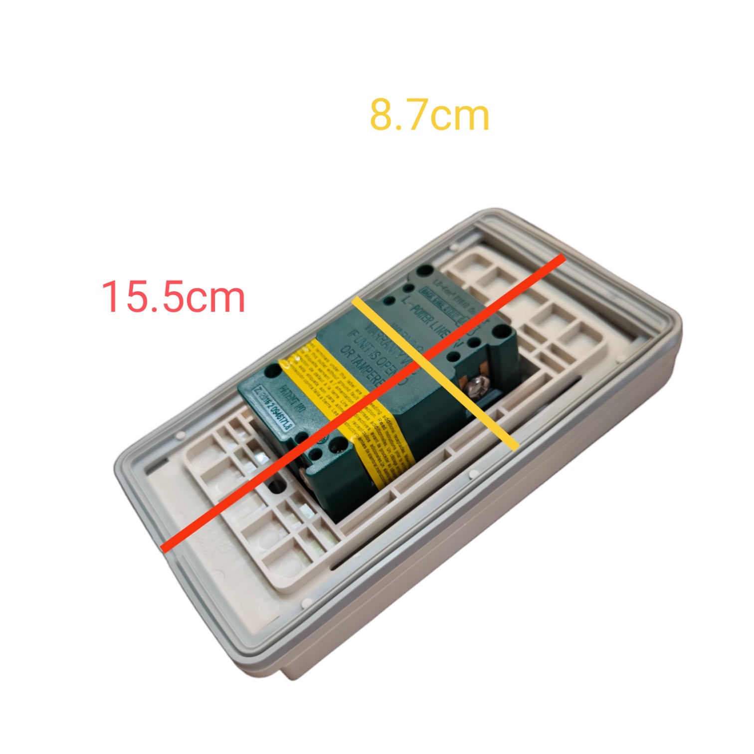 An electrical relay component inside a gray plastic housing, shown with overlaid dimension lines and text indicating 15.5cm, 8.