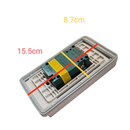 An electrical relay component inside a gray plastic housing, shown with overlaid dimension lines and text indicating 15.5cm, 8.