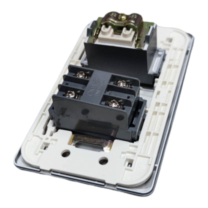 An electrical wall switch module with a white plastic backplate, black terminal blocks, and metal screw terminals, shown on a white background.
