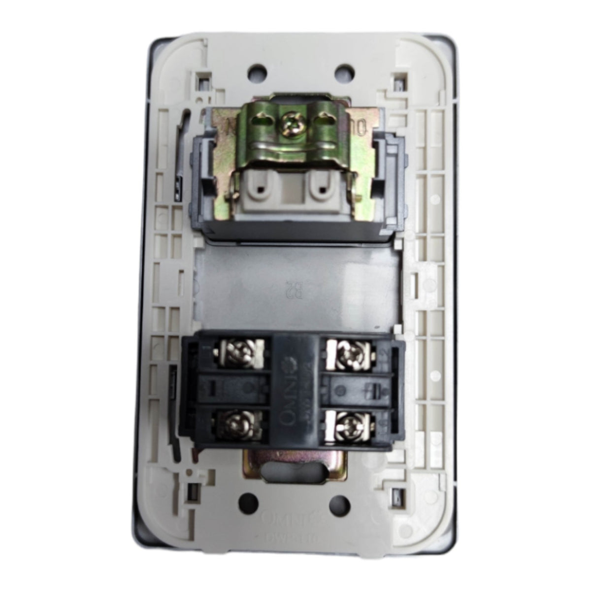An electrical wall switch module with exposed internal components, including a green terminal block at the top and black terminal connectors at the bottom, set against a plain white background.