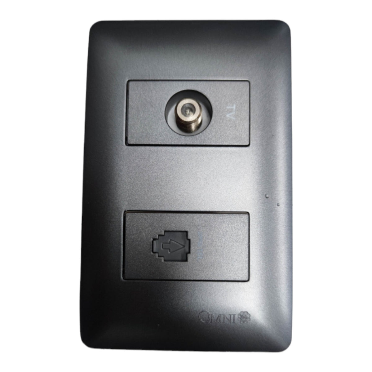 A black plastic wall-mount device with a circular antenna connector on the top and a recessed port below, photographed against a plain white background.