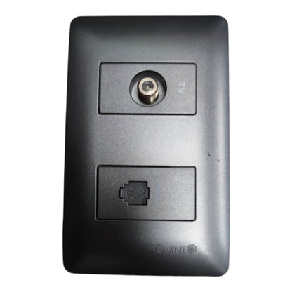 A black plastic wall-mount device with a circular antenna connector on the top and a recessed port below, photographed against a plain white background.