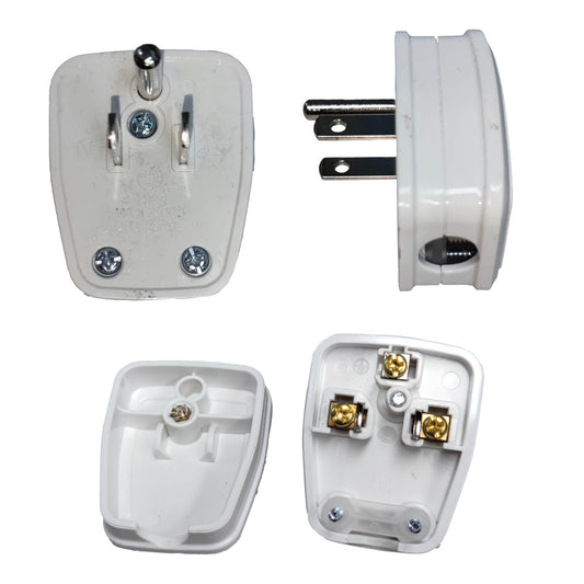 Four views of a white UK three-pin wall plug adapter with exposed metal pins and terminal details, shown on a plain white background.