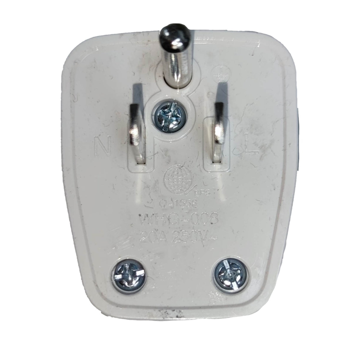 A UK three-pin wall plug adapter with a white plastic body and silver metal pins, shown against a plain white background.