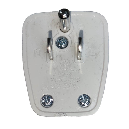 A UK three-pin wall plug adapter with a white plastic body and silver metal pins, shown against a plain white background.