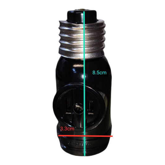 A black electrical outlet adapter with a silver screw base, shown on a white background with red and green dimension lines and text indicating 3.3cm width and 8.