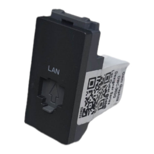 A black RJ45 LAN network module with a white protective paper label featuring a QR code and text, isolated on a white background.