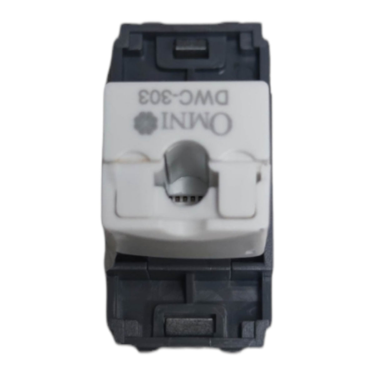 An Omni DWC-303 electrical terminal block connector with a white front face and dark gray/black plastic housing, shown on a plain white background.