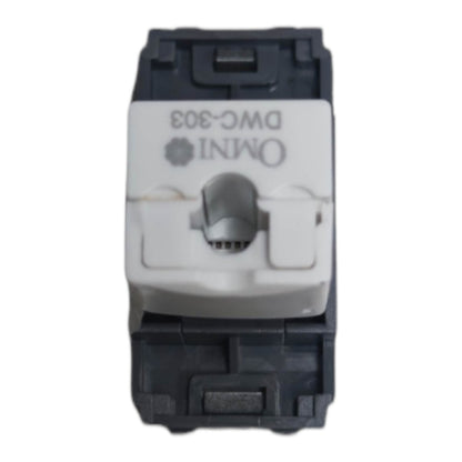 An Omni DWC-303 electrical terminal block connector with a white front face and dark gray/black plastic housing, shown on a plain white background.