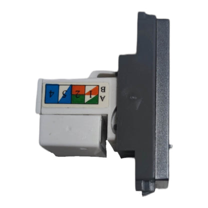 A RJ45 Ethernet port module with a white connector housing, a gray mounting bracket, and a colored pin strip indicating T1, T2, T3, T4, A, and B.