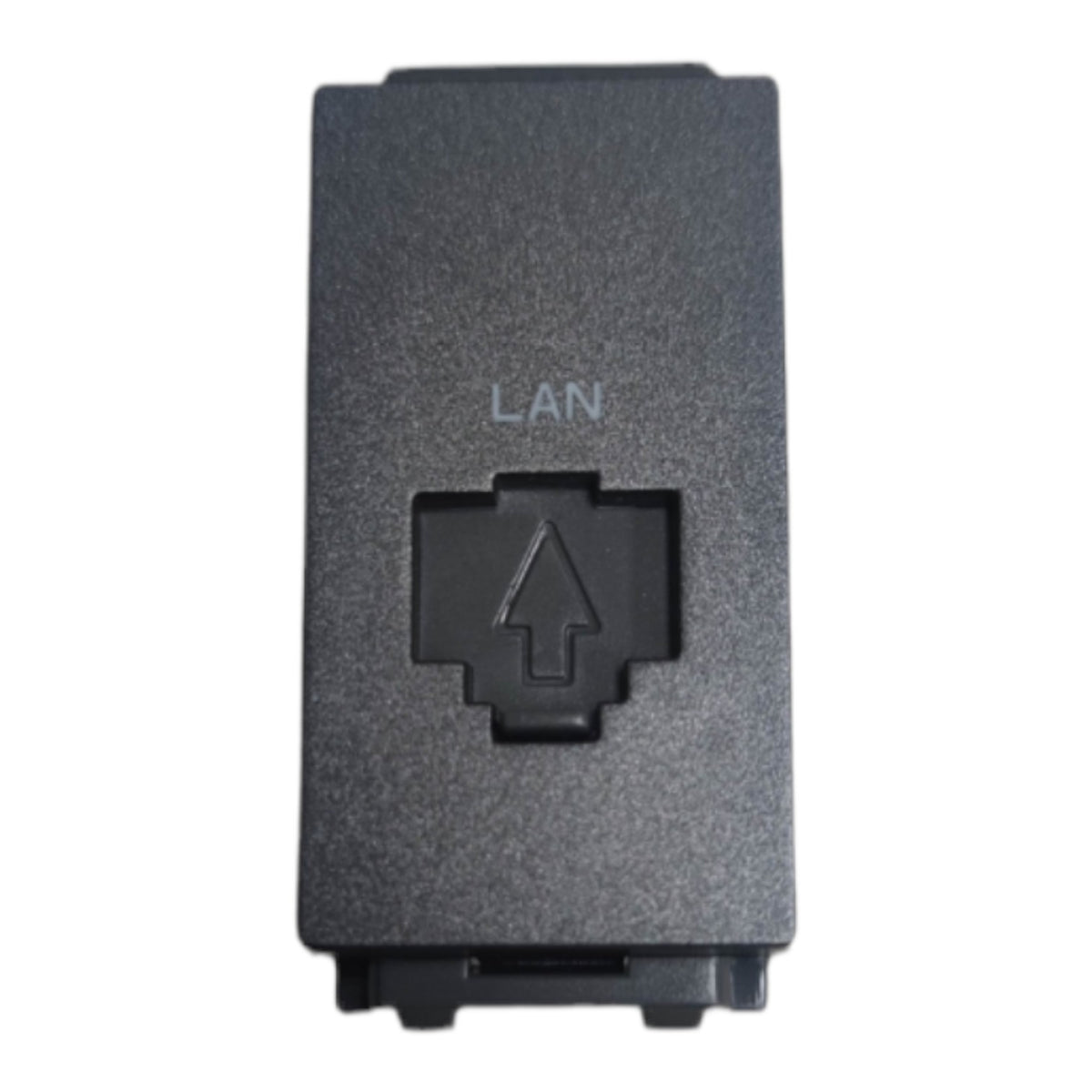 A black textured RJ45 LAN network port cover with an upward-pointing arrow symbol in the center and the word 'LAN' printed above it, shown on a plain white background.