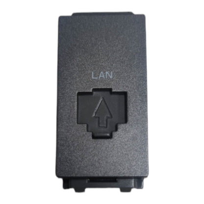 A black textured RJ45 LAN network port cover with an upward-pointing arrow symbol in the center and the word 'LAN' printed above it, shown on a plain white background.