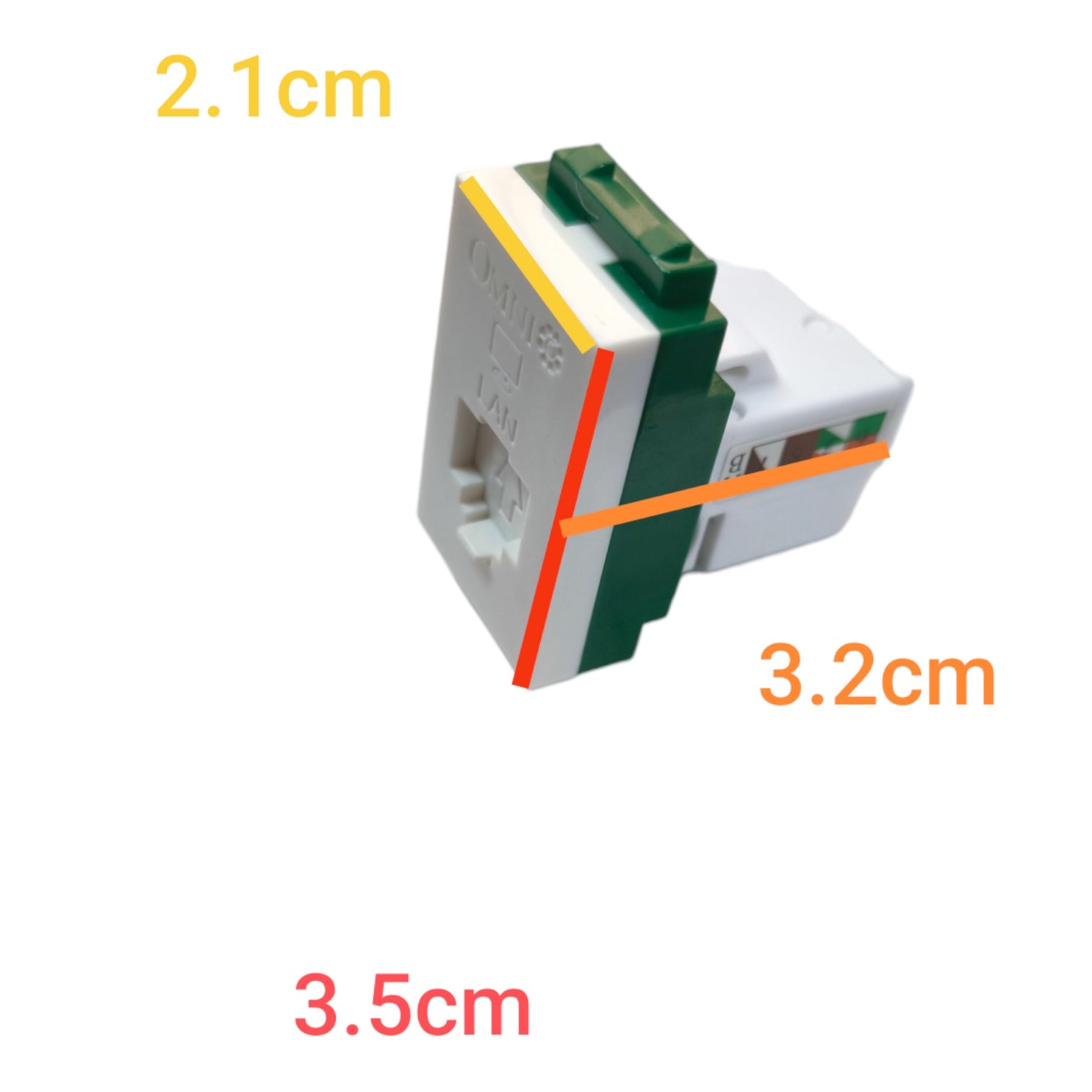 A small white and green electronic component shown on a plain white background with orange and red dimension labels reading 2.1cm, 3.