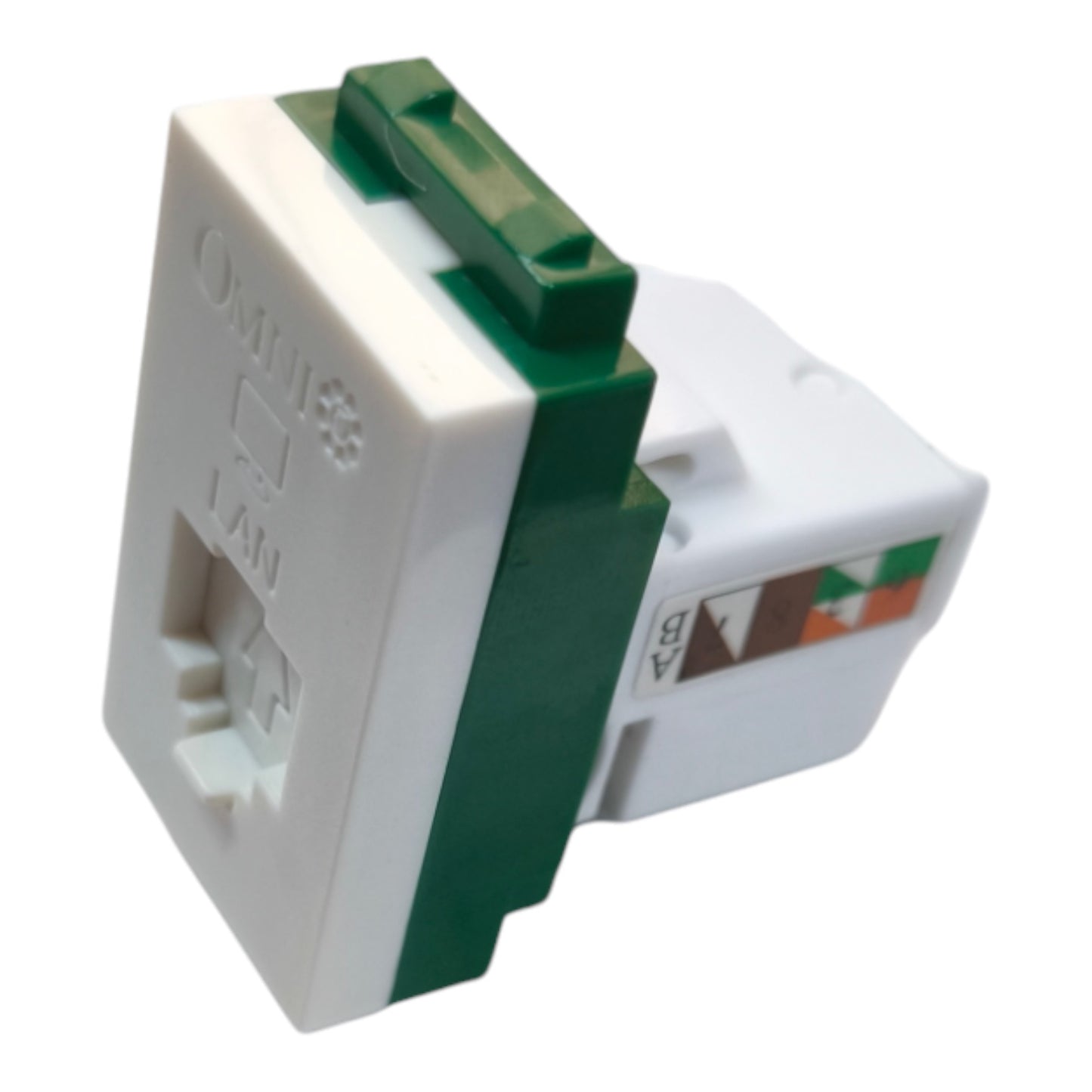 An Omnipod LAN jack connector with a white plastic front and green side components, shown on a plain white background.