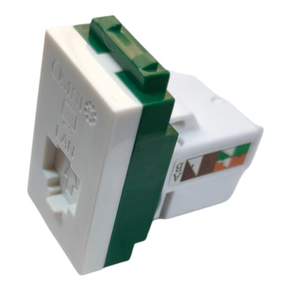 An Omnipod LAN jack connector with a white plastic front and green side components, shown on a plain white background.