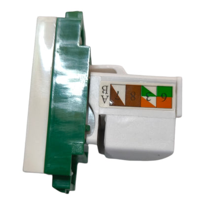 A white electrical terminal block connector with a green protective cover and a color-coded terminal strip showing pin assignments.