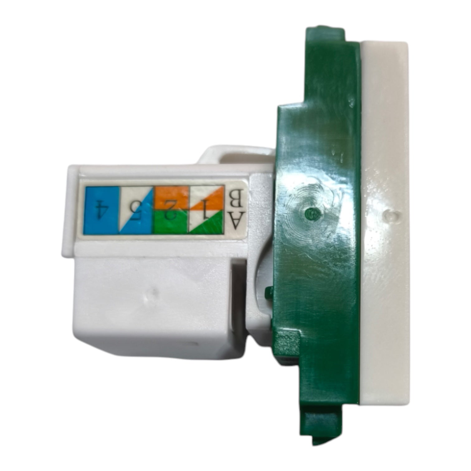 A white plastic electrical connector or terminal block with a green and white mounting bracket, featuring colored terminal labels (blue, white, orange, green) with numbers.