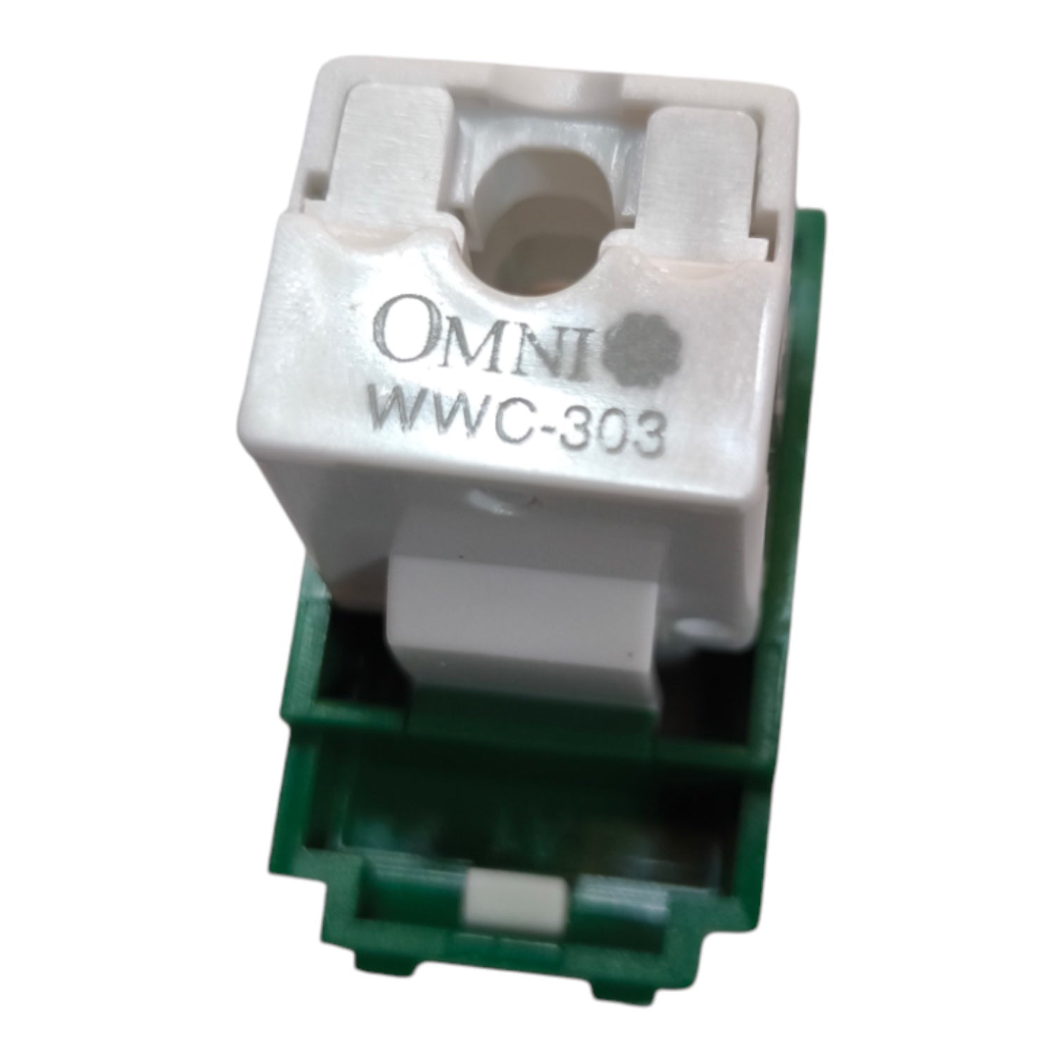 An automotive electronic component, specifically a white plastic sensor module with green circuitry base, featuring the embossed text 'OMNI WWC-303'.