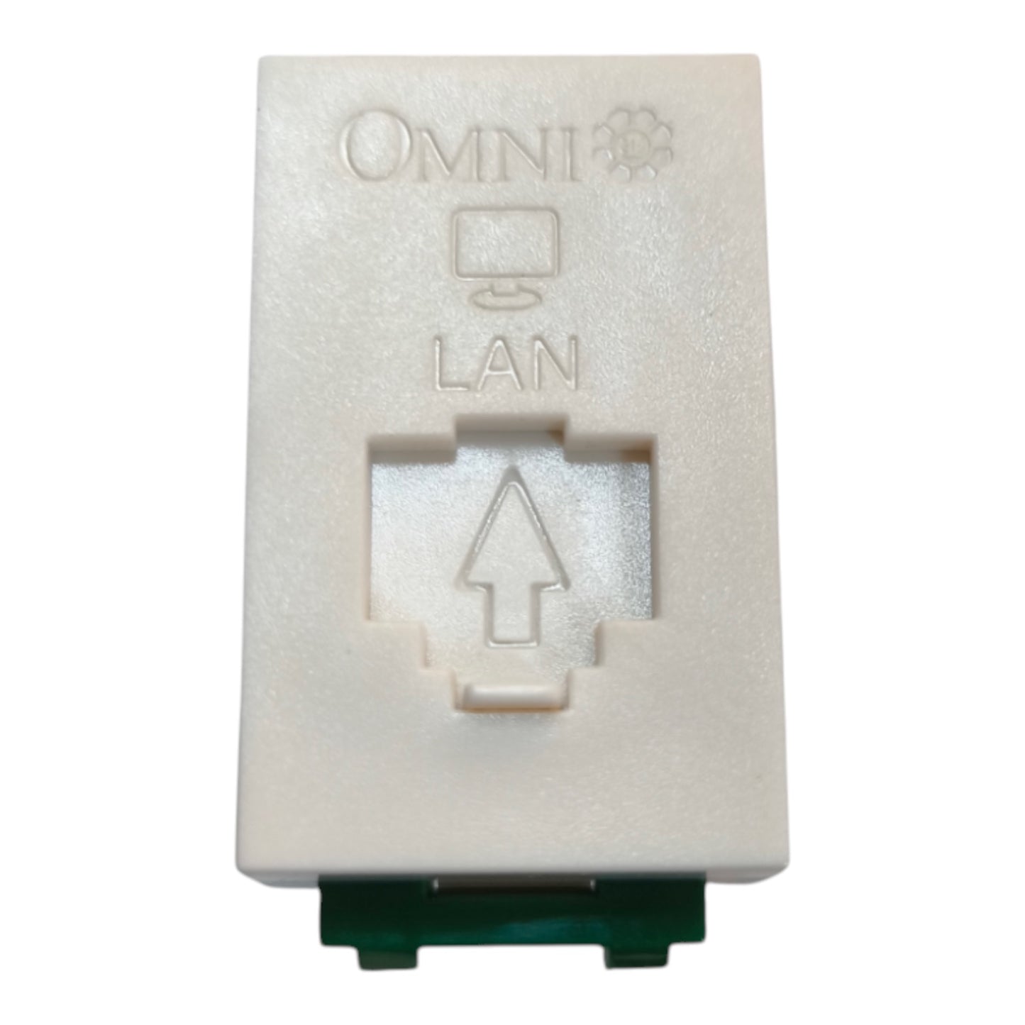 An off-white plastic RJ45 LAN port module with 'OMNI' and 'LAN' text and an upward arrow embossed on the front, featuring a dark green circuit board visible at the bottom, isolated on a white background.