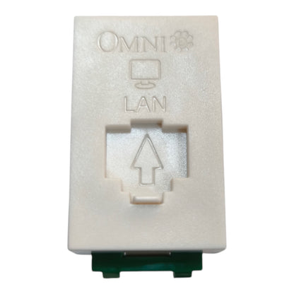An off-white plastic RJ45 LAN port module with 'OMNI' and 'LAN' text and an upward arrow embossed on the front, featuring a dark green circuit board visible at the bottom, isolated on a white background.