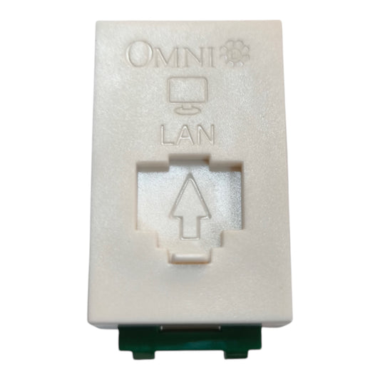 An off-white plastic RJ45 LAN port module with 'OMNI' and 'LAN' text and an upward arrow embossed on the front, featuring a dark green circuit board visible at the bottom, isolated on a white background.