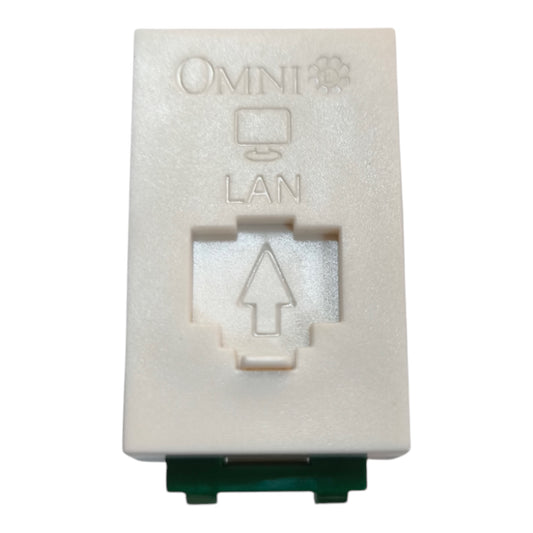 An off-white plastic RJ45 LAN port module with 'OMNI' and 'LAN' text and an upward arrow embossed on the front, featuring a dark green circuit board visible at the bottom, isolated on a white background.