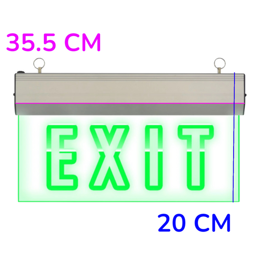 A rectangular LED exit sign with a silver metal housing and bright green glowing letters spelling EXIT. Pink and blue dimension labels read 35.