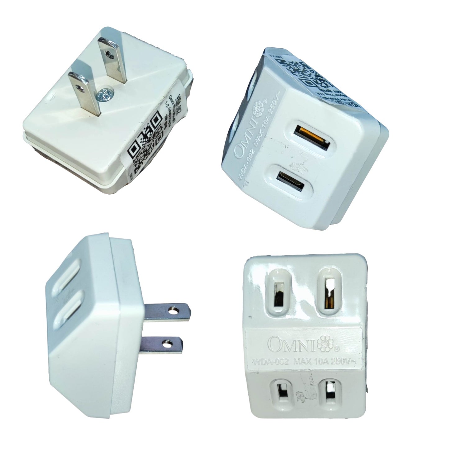 Four views of a white Omni travel plug adapter with USB charging ports, shown on a plain white background.