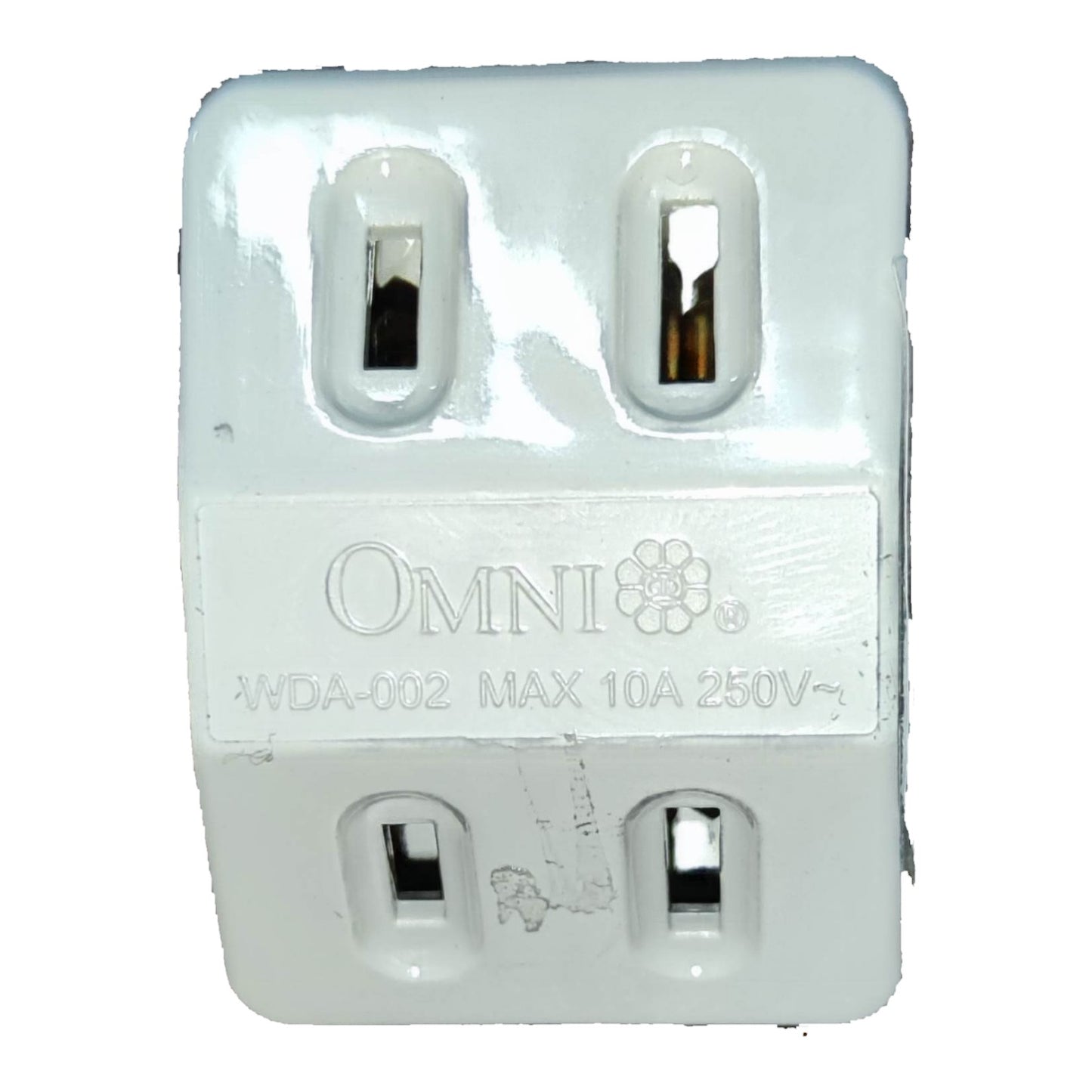 A white plastic Omni WDA-002 10A 250V travel adapter plug with four prongs, shown against a plain white background.