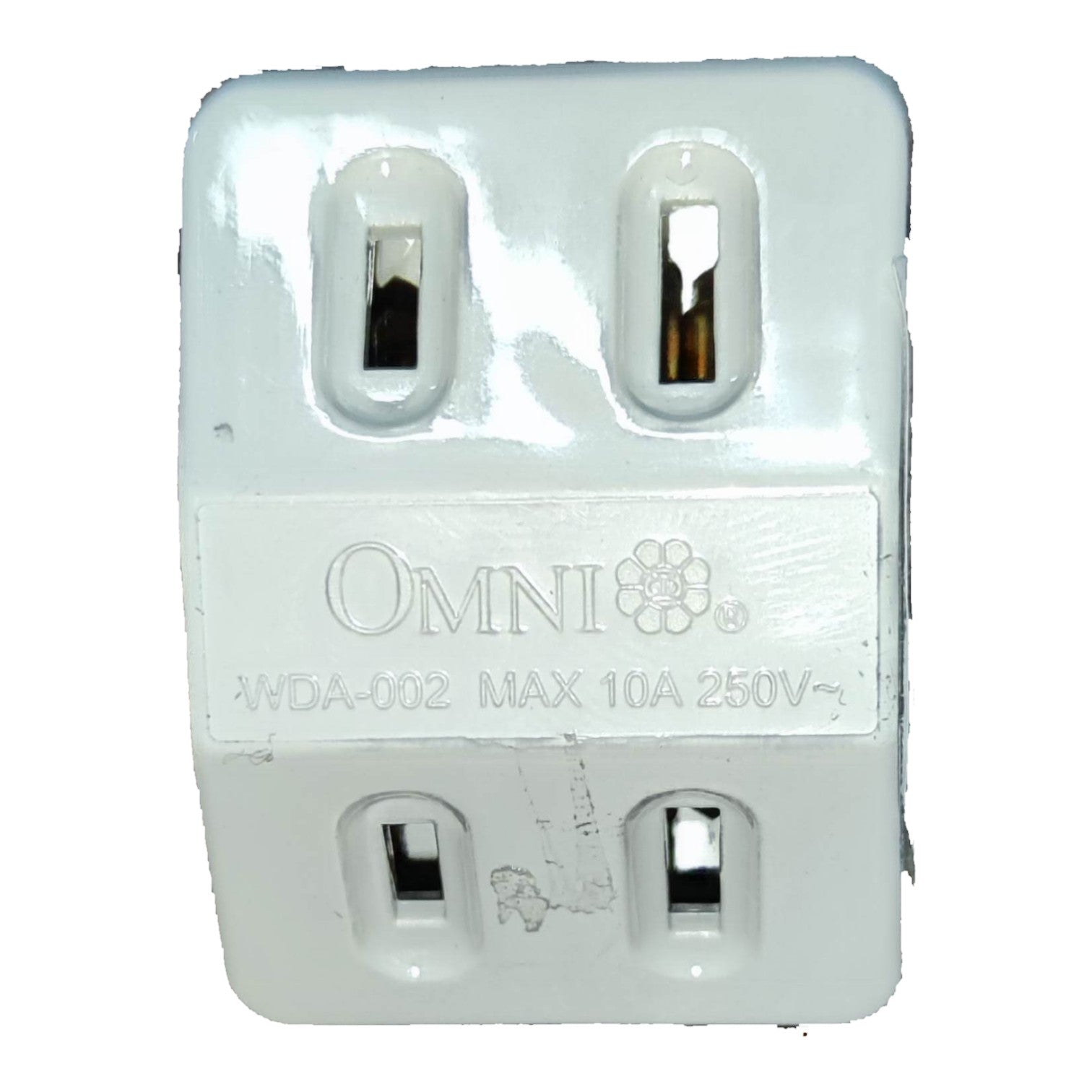 A white plastic Omni WDA-002 10A 250V travel adapter plug with four prongs, shown against a plain white background.