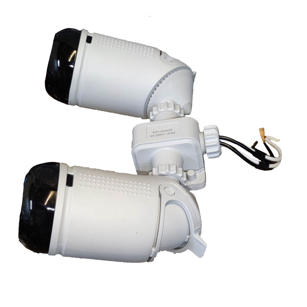 Two white dome security cameras with black lenses, connected by a central junction box with attached black and white wires, shown on a plain white background.