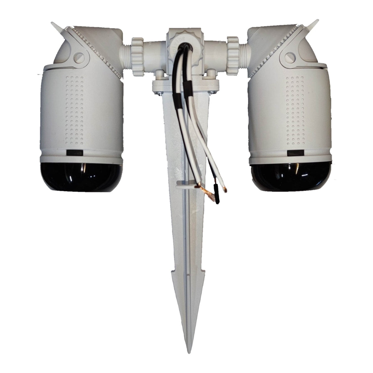 A dual outdoor security camera kit with two white dome cameras featuring black lenses, mounted on a white central bracket with a ground spike and exposed wiring.
