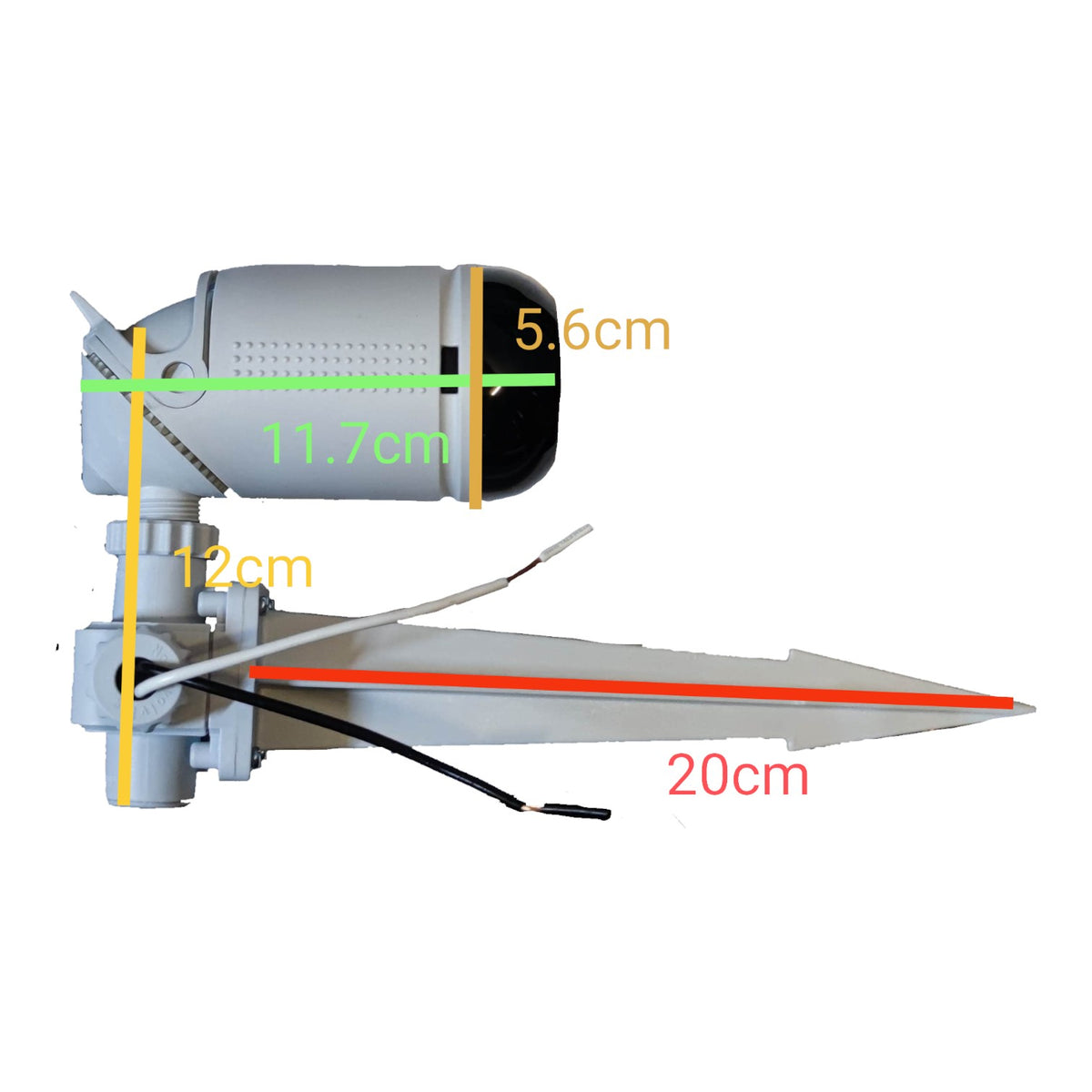 A ground-mounted security camera and pole kit shown on a white background with overlaid dimension lines and measurements: 5.6 cm width at the camera head, 11.