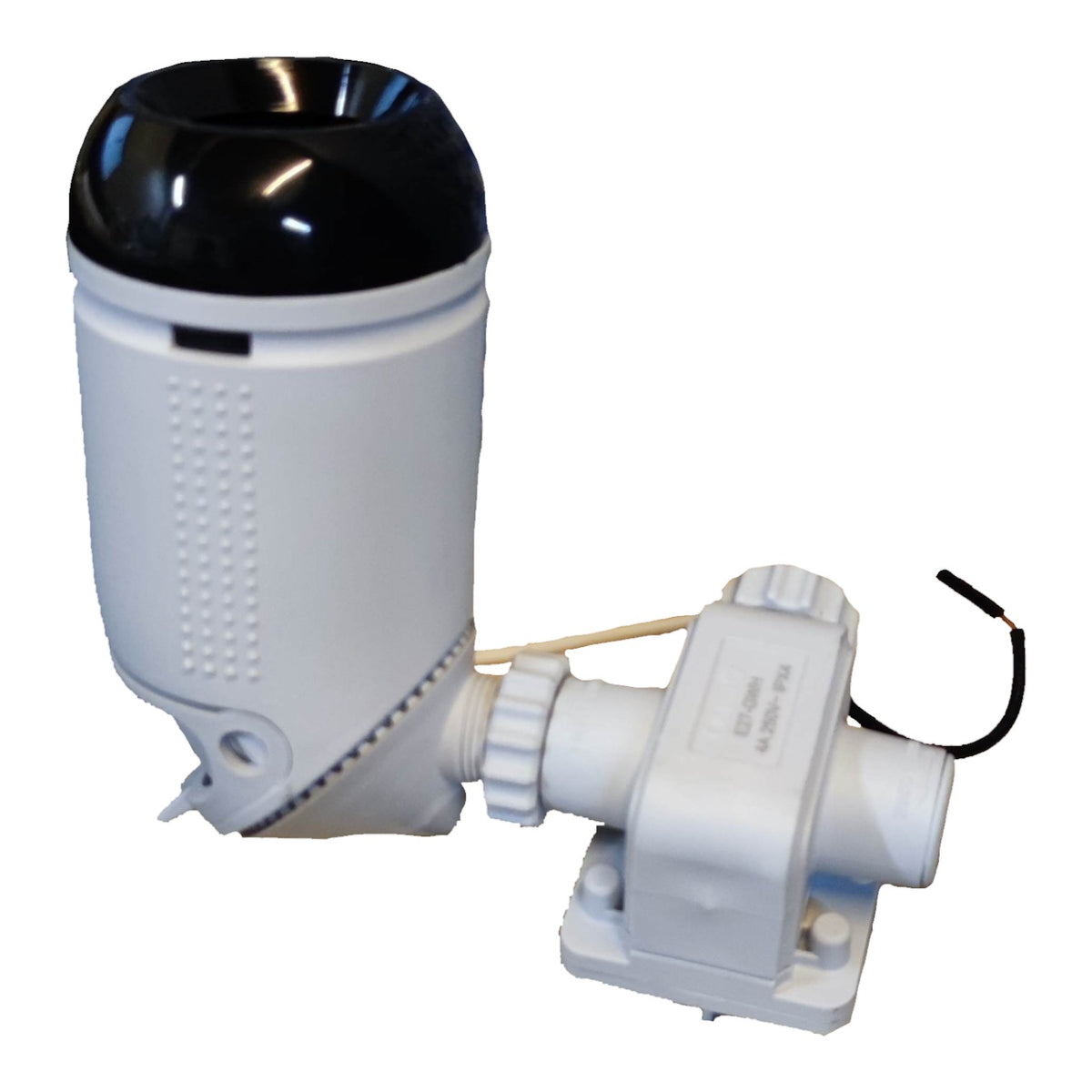 A white marine electronic device with a black dome top and a white electrical connector with a black wire, isolated on a white background.