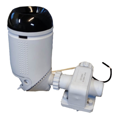 A white marine electronic device with a black dome top and a white electrical connector with a black wire, isolated on a white background.