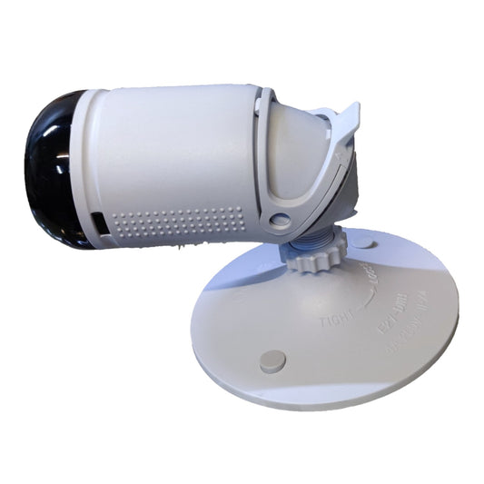 A white and gray adjustable security camera on a circular mounting base, shown against a plain white background.