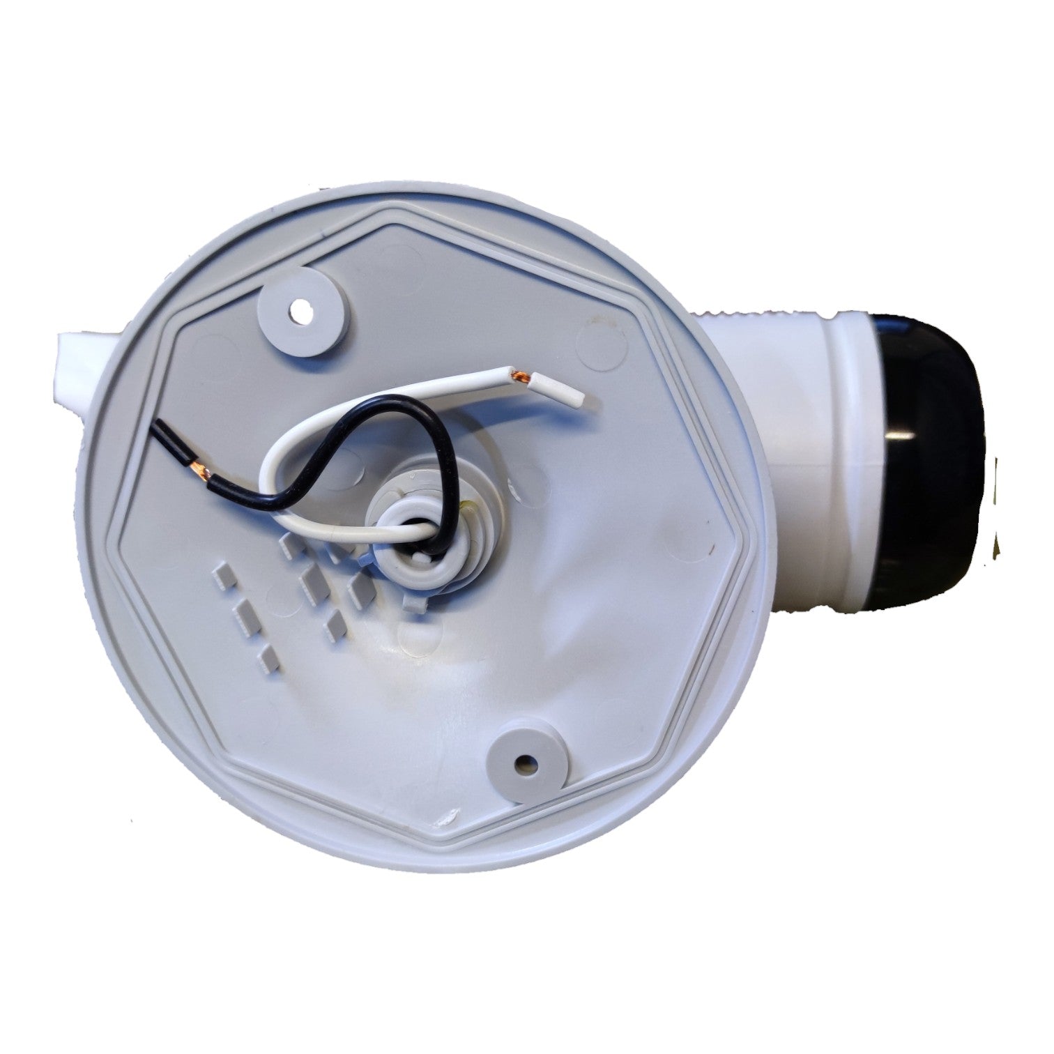 A white plastic replacement water heater tank lid with a black and white wire connector and a white cylindrical attachment on the side, isolated on a white background.