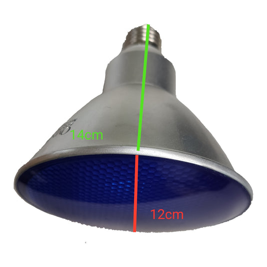 A metal halogen lamp shade or reflector with a blue textured interior and a silver screw base, shown on a white background with green and red dimension lines indicating 14 cm and 12 cm height.