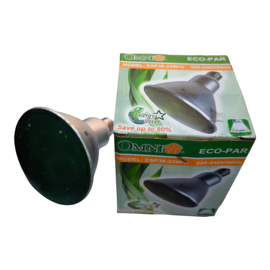 A dome-shaped ECO-PAR LED heat lamp by Omni Light, shown with its green and white retail packaging box on a plain white background.