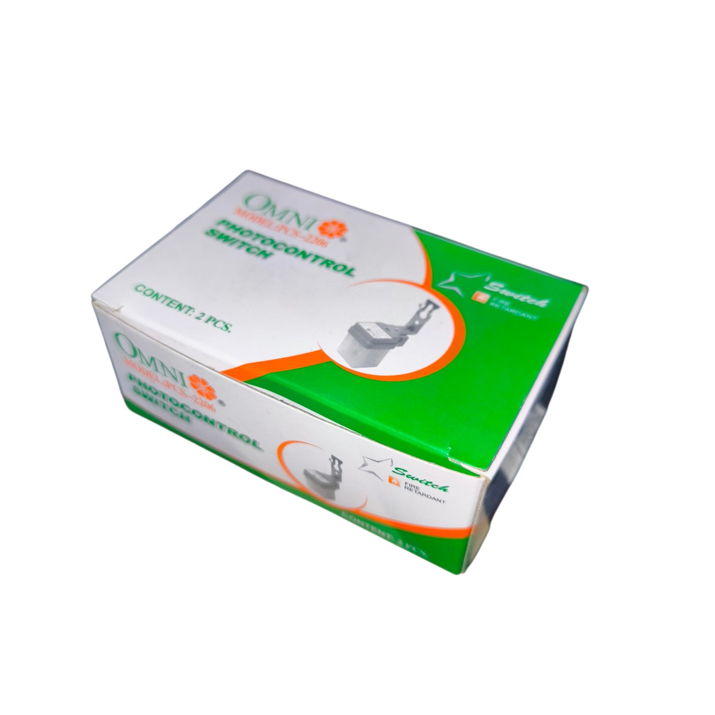 Omini photocontrol switch packaging on a white background