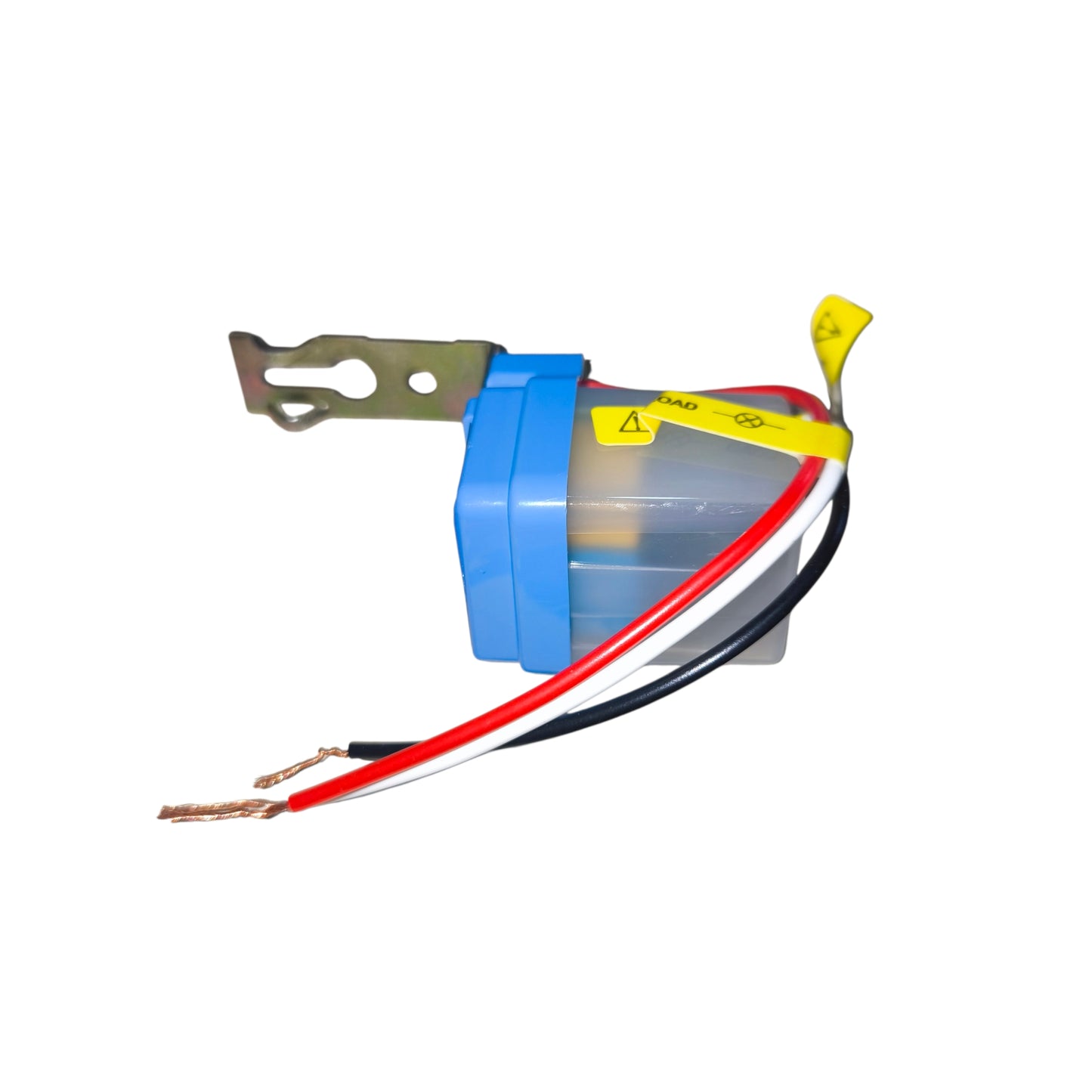 Electrical component with blue housing, red and black wires, and metal bracket on a white background