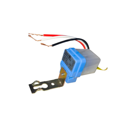 Electrical component with blue casing and wires on a white background