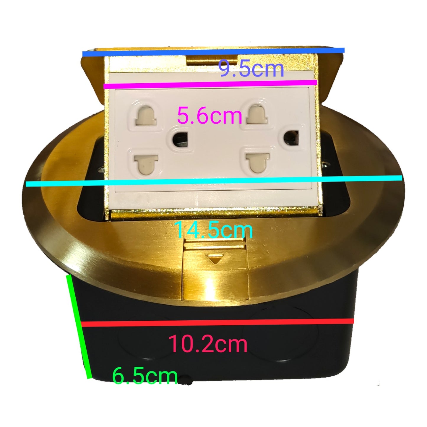 Invisible power outlet cover with dimension markings showing measurements in centimeters for a round gold and black socket cover with a white outlet insert.