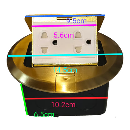 Invisible power outlet cover with dimension markings showing measurements in centimeters for a round gold and black socket cover with a white outlet insert.