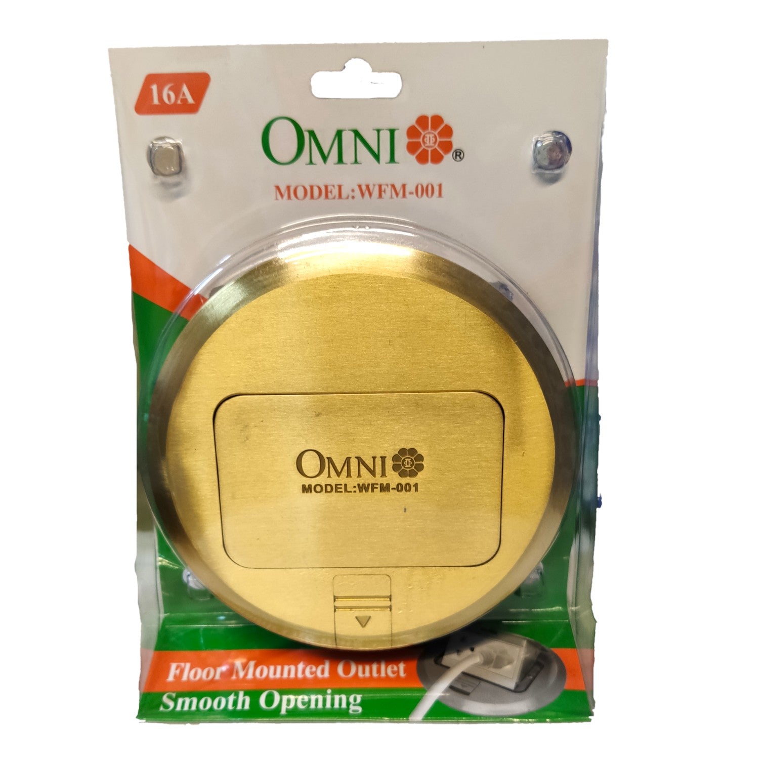 OMNI brand floor-mounted circular outlet in brass, sealed in its original retail blister packaging with a white, green, and orange backing card.