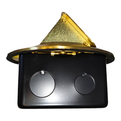A black metal electrical junction box with two circular screw terminals, topped with a gold-colored triangular mounting bracket on a white background.
