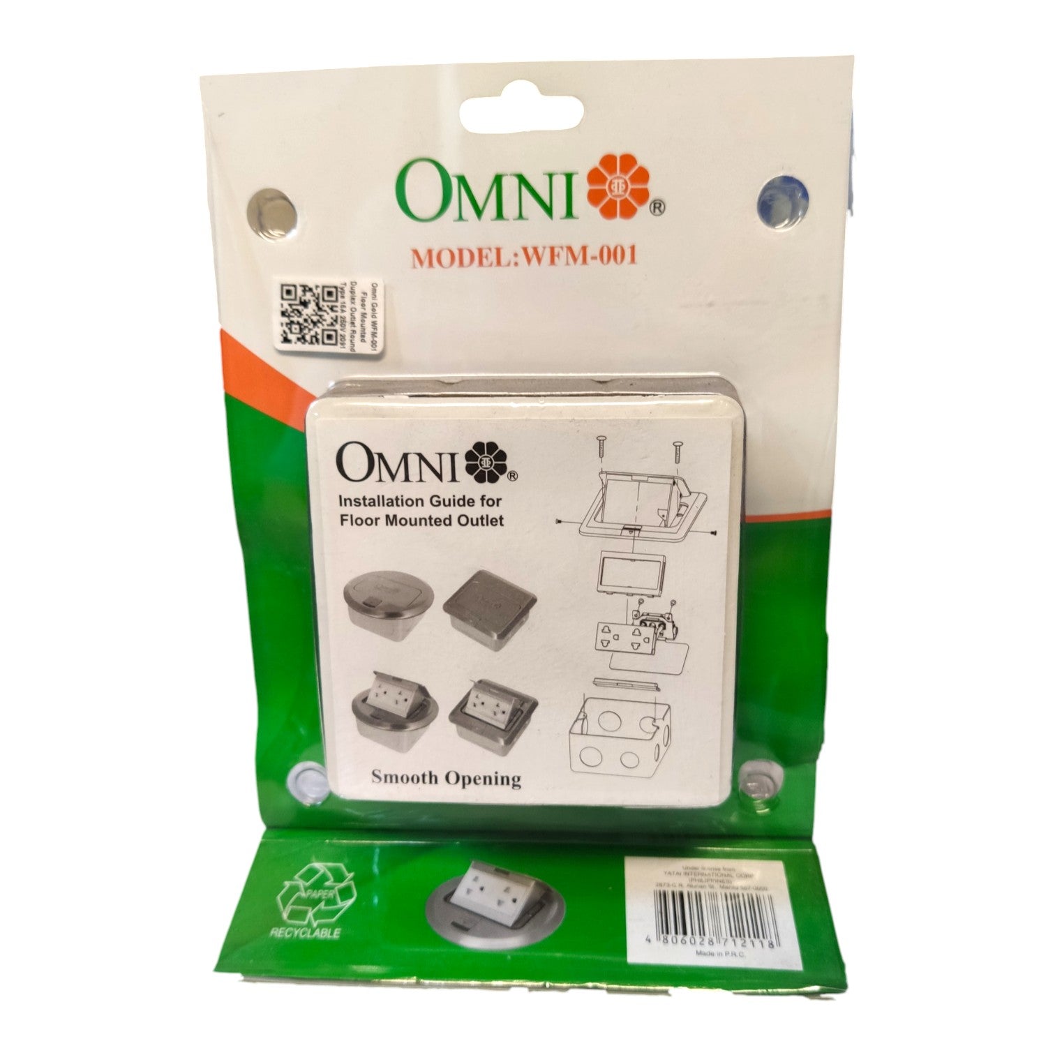 Omni WFM-001 floor mounted outlet in its original green and white retail packaging, showing the product and an installation guide insert.