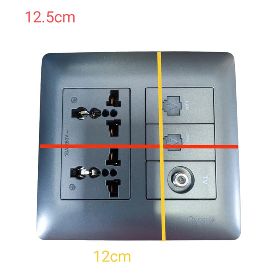 A square wall outlet panel with two sets of electrical outlets and two LAN ports, shown on a white background with red, yellow, and black dimension lines and text indicating 12.5cm, 12cm, and 12cm.