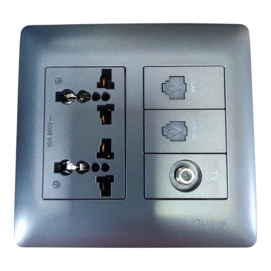 A square gray wall-mounted electrical outlet panel with two three-pin power sockets on the left and three connection ports on the right, including LAN, PON over 100M, and TV, with the brand name QANISH visible at the bottom right.